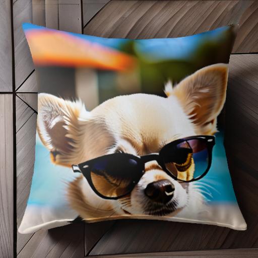 サングラス チワワ プール オレンジ色のパラソル 夏 リゾート クッションカバー 45×45cm アニマル柄 お..