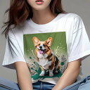 Tシャツ レディース 犬ファン 半袖 春夏 プリント カジュアル かわいい 人間用 フィットネス スプラッシュアート コーギー 緑色バックグラウンド 幸せな犬(4)