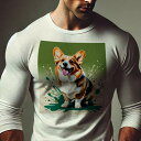 長袖Tシャツ 人間用 メンズ 秋春夏 プリント レジャー アウトドア カジュアル かわいい スプラッシュアート コーギー 緑色バックグラウンド 幸せな犬