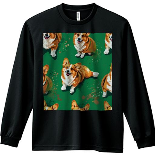 長袖Tシャツ 人間用 メンズ 秋春夏 プリント レジャー アウトドア カジュアル かわいい 緑色 ウェルシュコーギー スプラッシュ 模様