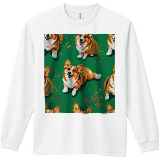 長袖Tシャツ 人間用 メンズ 秋春夏 プリント レジャー アウトドア カジュアル かわいい 緑色 ウェルシュコーギー スプラッシュ 模様