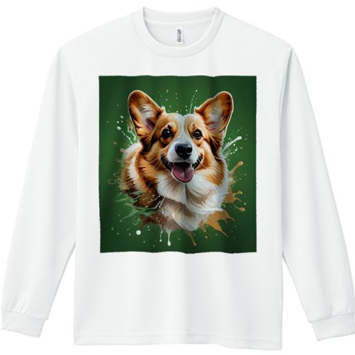 長袖Tシャツ 人間用 メンズ 秋春夏 プリント レジャー アウトドア カジュアル かわいい 緑色 コーギー ペイントスプラッシュ 笑顔の犬