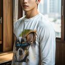 長袖Tシャツ 人間用 メンズ 秋春夏 プリント レジャー アウトドア カジュアル かわいい サングラス チワワ プール 休暇 ファッション