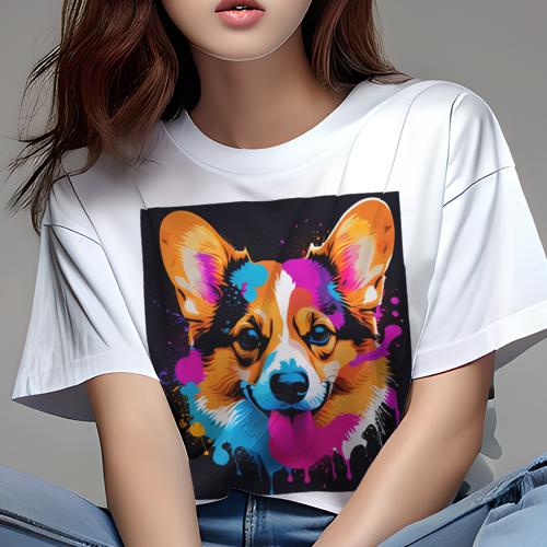 Tシャツ レディース 犬ファン 半袖 春夏 プリント カジュアル かわいい 人間用 フィットネス カラフル コーギー ポップアート アート ペイント
