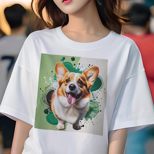 Tシャツ レディース 犬ファン 半袖 春夏 プリント カジュアル かわいい 人間用 フィットネス ペイント コーギー 色のスプラッシュ アート Tシャツ レディース 犬ファン 半袖 春夏 プリント カジュアル かわいい 人間用 フィットネス ペイント コーギー 色のスプラッシュ アート