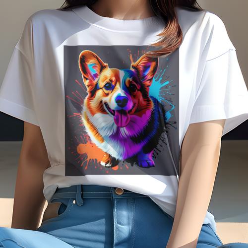 Tシャツ レディース 犬ファン 半袖 春夏 プリント カジュアル かわいい 人間用 フィットネス アート コーギー カラフル スプラッシュ