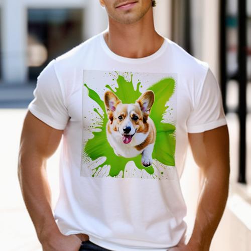 Tシャツ メンズ キッズ 犬ファン 半袖 春夏 プリント カジュアル かわいい 人間用 フィットネス スプラッシュアート コーギー 緑色