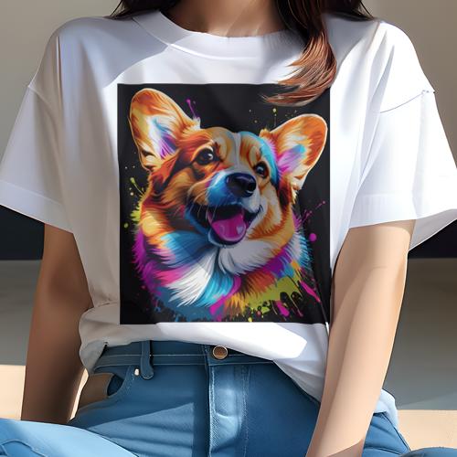 Tシャツ レディース 犬ファン 半袖 春夏 プリント カジュアル かわいい 人間用 フィットネス カラフル コーギー アート ペイント ポップアート 派手