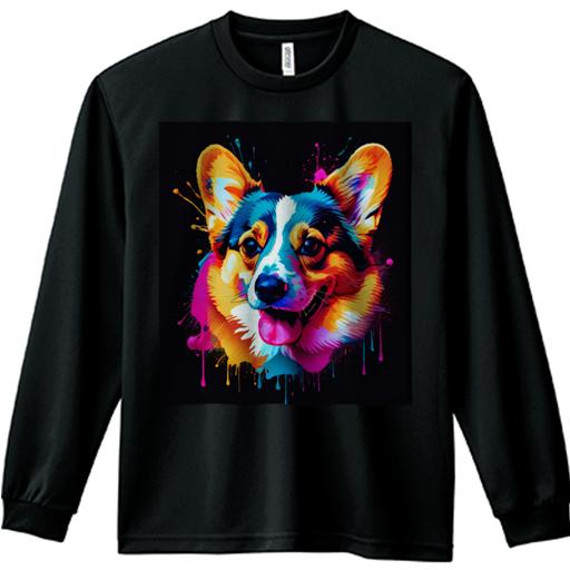 長袖Tシャツ 人間用 メンズ 秋春夏 プリント レジャー アウトドア カジュアル かわいい アート ウェルシュコーギー カラフル 絵画 スプラッシュ