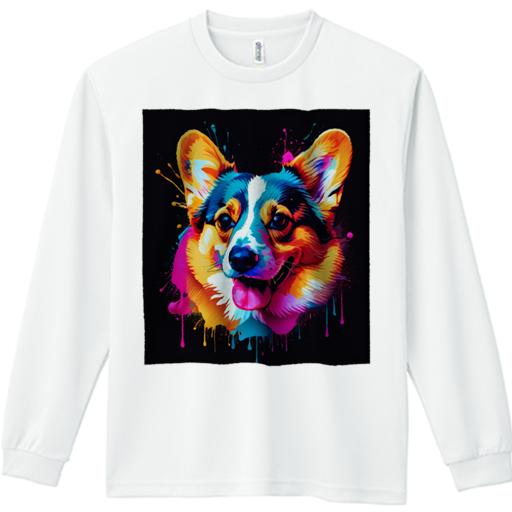 長袖Tシャツ 人間用 メンズ 秋春夏 プリント レジャー アウトドア カジュアル かわいい アート ウェルシュコーギー カラフル 絵画 スプラッシュ