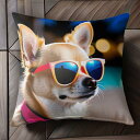 サングラス チワワ プール リゾート 夜 クッションカバー 45×45cm アニマル柄 おしゃれ 可愛い クッション本体付き 正方形