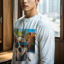 長袖Tシャツ 人間用 メンズ 秋春夏 プリント レジャー アウトドア カジュアル かわいい サングラス チワワ 青空 ヤシの木 夏