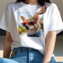 Tシャツ レディース 犬ファン 半袖 春夏 プリント カジュアル かわいい 人間用 フィットネス サングラス チワワ 青いバンダナ 青空