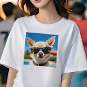 Tシャツ レディース 犬ファン 半袖 春夏 プリント カジュアル かわいい 人間用 フィットネス サングラス チワワ プール 夏(4)