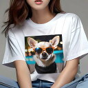 Tシャツ レディース 犬ファン 半袖 春夏 プリント カジュアル かわいい 人間用 フィットネス サングラス チワワ ナイトプール 犬用スカーフ(4)