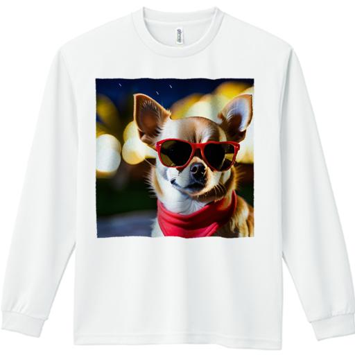 長袖Tシャツ 人間用 メンズ 秋春夏 プリント レジャー アウトドア カジュアル かわいい サングラス チワワ 赤いバンダナ 夜 ライト