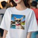 Tシャツ レディース 犬ファン 半袖 春夏 プリント カジュアル かわいい 人間用 フィットネス サングラス チワワ 赤い首輪 プール 植物 パームツリー(4)