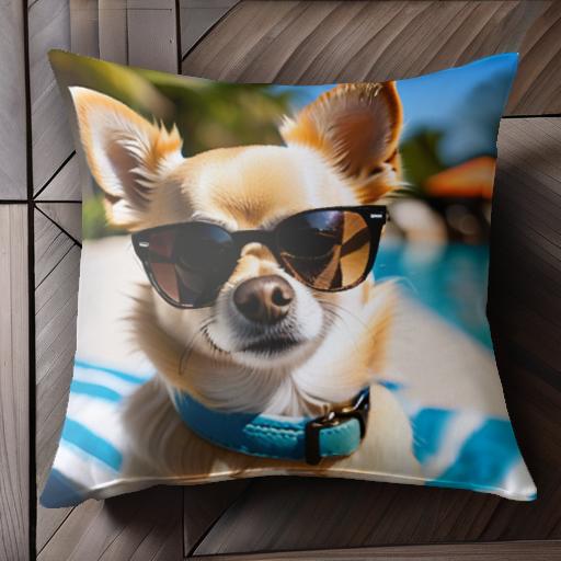 サングラス チワワ プール ビーチタオル 青い首輪 クッションカバー 45×45cm アニマル柄 おしゃれ 可愛..
