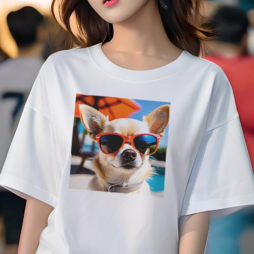Tシャツ レディース 犬ファン 半袖 春夏 プリント カジュアル かわいい 人間用 フィットネス サングラス チワワ プール パラソル(4)