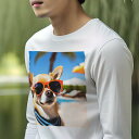 長袖Tシャツ 人間用 メンズ 秋春夏 プリント レジャー アウトドア カジュアル かわいい サングラス チワワ プール 椰子の木 青空 ビーチパラソル