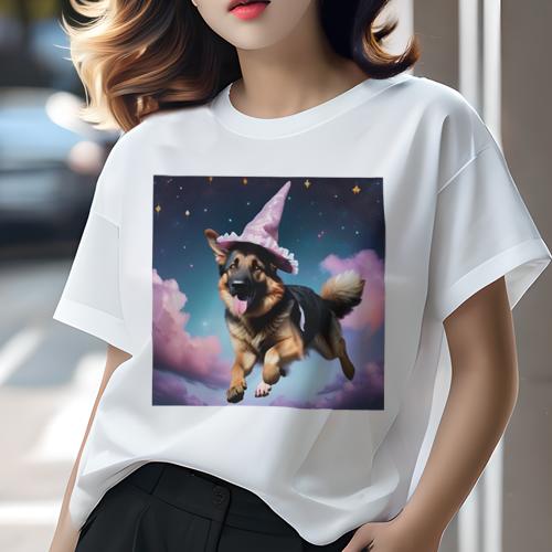 Tシャツ レディース 犬ファン 半袖 春夏 プリント カジュアル かわいい 人間用 フィットネス 魔法の帽子 ジャーマンシェパードドッグ 星 空 雲 Tシャツ レディース 犬ファン 半袖 春夏 プリント カジュアル かわいい 人間用 フィットネス 魔法の帽子 ジャーマンシェパードドッグ 星 空 雲