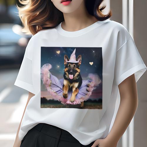 Tシャツ レディース 犬ファン 半袖 春夏 プリント カジュアル かわいい 人間用 フィットネス 魔法の帽子 ジャーマンシェパードドッグ ピンクのスカート 星 ハート