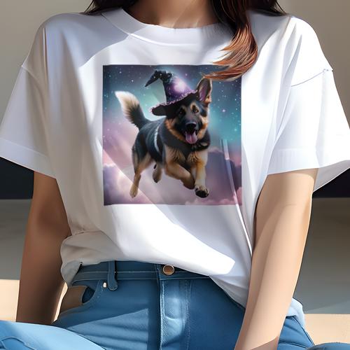 Tシャツ レディース 犬ファン 半袖 春夏 プリント カジュアル かわいい 人間用 フィットネス 魔法使いの帽子 ジャーマンシェパード 空 雲 星