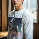 長袖Tシャツ 人間用 メンズ 秋春夏 プリント レジャー アウトドア カジュアル かわいい 魔法の帽子 ジャーマンシェパード 星 夜空 ピンクの雲