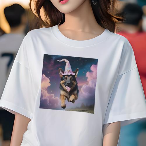 Tシャツ レディース 犬ファン 半袖 春夏 プリント カジュアル かわいい 人間用 フィットネス 魔法の帽子 ジャーマンシェパードドッグ 夜空 雲 星空