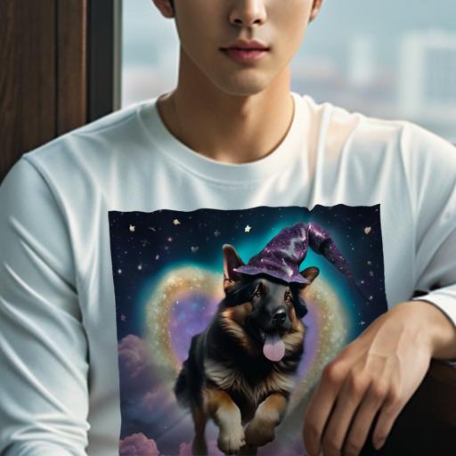 長袖Tシャツ 人間用 メンズ 秋春夏 プリント レジャー アウトドア カジュアル かわいい 魔法の帽子 ジャーマンシェパードドッグ 星 ハート 雲 夜空