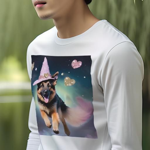 長袖Tシャツ 人間用 メンズ 秋春夏 プリント レジャー アウトドア カジュアル かわいい 魔法使いの帽子 ジャーマンシェパードドッグ ハート型 星 幻想的な背景