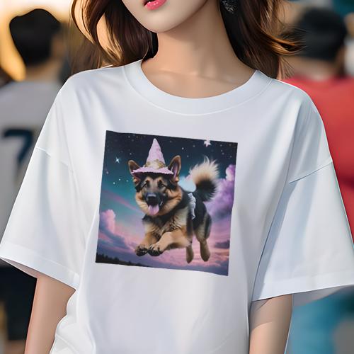 Tシャツ レディース 犬ファン 半袖 春夏 プリント カジュアル かわいい 人間用 フィットネス 魔法の帽子 ジャーマンシェパードドッグ 空 星 雲 Tシャツ レディース 犬ファン 半袖 春夏 プリント カジュアル かわいい 人間用 フィットネス 魔法の帽子 ジャーマンシェパードドッグ 空 星 雲