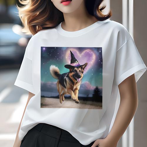 Tシャツ レディース 犬ファン 半袖 春夏 プリント カジュアル かわいい 人間用 フィットネス 夜 ジャーマンシェパードドッグ 魔法 星 ハート 空 Tシャツ レディース 犬ファン 半袖 春夏 プリント カジュアル かわいい 人間用 フィットネス 夜 ジャーマンシェパードドッグ 魔法 星 ハート 空