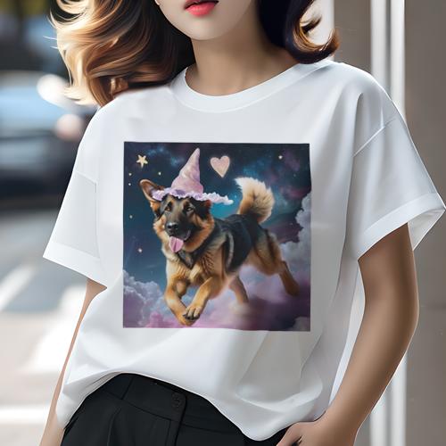 Tシャツ レディース 犬ファン 半袖 春夏 プリント カジュアル かわいい 人間用 フィットネス 魔法の帽子 ジャーマンシェパードドッグ 星 ハート 雲 宇宙 Tシャツ レディース 犬ファン 半袖 春夏 プリント カジュアル かわいい 人間用 フィットネス 魔法の帽子 ジャーマンシェパードドッグ 星 ハート 雲 宇宙