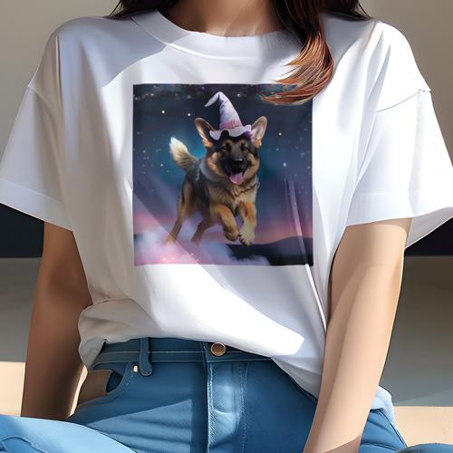 Tシャツ レディース 犬ファン 半袖 春夏 プリント カジュアル かわいい 人間用 フィットネス 魔法の帽子 ジャーマンシェパードドッグ 空