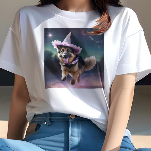 Tシャツ レディース 犬ファン 半袖 春夏 プリント カジュアル かわいい 人間用 フィットネス 魔女の帽子 ジャーマンシェパードドッグ 夜空 星 魔法 Tシャツ レディース 犬ファン 半袖 春夏 プリント カジュアル かわいい 人間用 フィットネス 魔女の帽子 ジャーマンシェパードドッグ 夜空 星 魔法