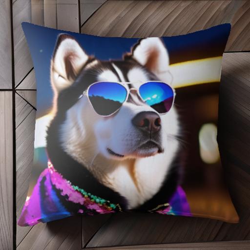 サングラス シベリアンハスキー ジャケット 夜 クッションカバー 45×45cm アニマル柄 おしゃれ 可愛い クッション本体付き 正方形