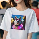 Tシャツ レディース 犬ファン 半袖 春夏 プリント カジュアル かわいい 人間用 フィットネス サングラス ハスキー 光る装飾 夜の背景(4)
