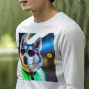 長袖Tシャツ 人間用 メンズ 秋春夏 プリント レジャー アウトドア カジュアル かわいい サングラス シベリアンハスキー 光る首輪 ナイトシーン 夜の街 クール