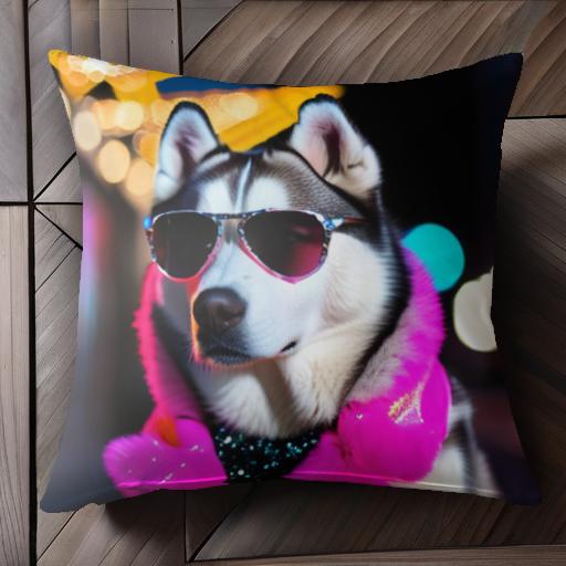 サングラス シベリアンハスキー ピンクのマフラー 夜の街 キラキラ おしゃれ クッションカバー 45×45cm アニマル柄 可愛い クッション本体付き 正方形