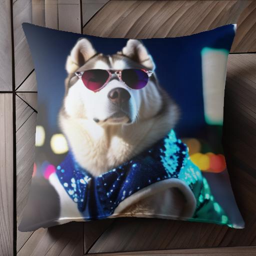サングラス シベリアンハスキー 夜 フラッシュライト 青い服 パーティー クッションカバー 45×45cm ア..