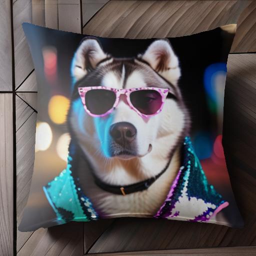 サングラス シベリアンハスキー 蛍光灯 街の夜景 派手な服 クッションカバー 45×45cm アニマル柄 おし..