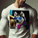長袖Tシャツ 人間用 メンズ 秋春夏 プリント レジャー アウトドア カジュアル かわいい サングラス シベリアンハスキー スカーフ ネオン 夜