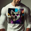 長袖Tシャツ 人間用 メンズ 秋春夏 プリント レジャー アウトドア カジュアル かわいい サングラス シベリアンハスキー 夜 イルミネーション 派手な服