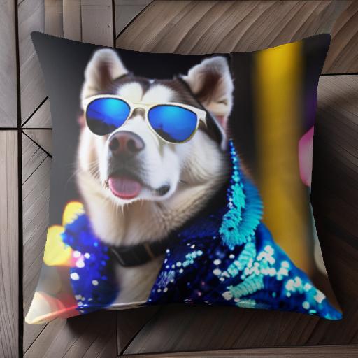 サングラス シベリアンハスキー ネオン 夜景 ジャケット 光 クッションカバー 45×45cm アニマル柄 おしゃれ 可愛い クッション本体付き 正方形