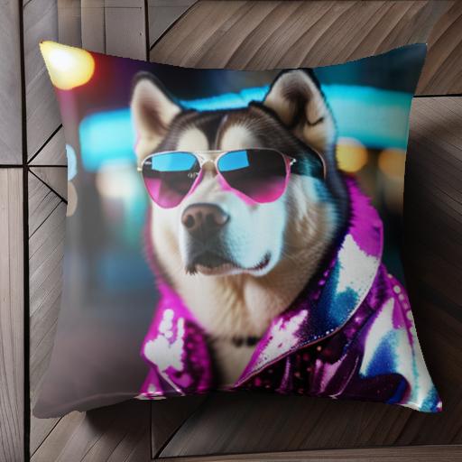 サングラス シベリアンハスキー 派手な服 夜景 街灯 クッションカバー 45×45cm アニマル柄 おしゃれ 可愛い クッション本体付き 正方形