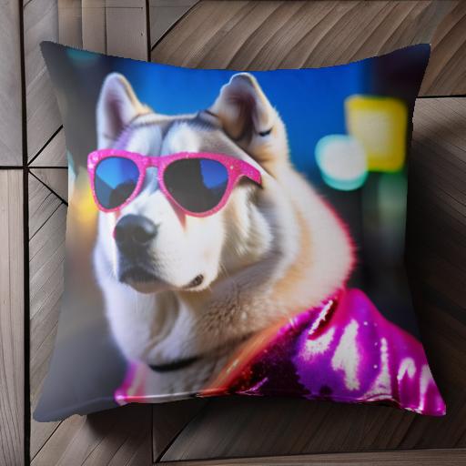 サングラス ハスキー ピンク ジャケット 夜 クッションカバー 45×45cm アニマル柄 おしゃれ 可愛い クッション本体付き 正方形