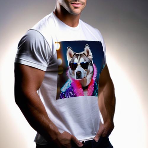 Tシャツ メンズ キッズ 犬ファン 半袖 春夏 プリント カジュアル かわいい 人間用 フィットネス サングラス シベリアンハスキー 派手な服 夜の街 ネオンライト
