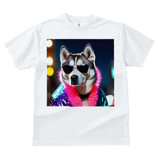 Tシャツ メンズ キッズ 犬ファン 半袖 春夏 プリント カジュアル かわいい 人間用 フィットネス サングラス シベリアンハスキー 派手な服 夜の街 ネオンライト