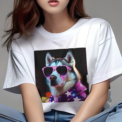 Tシャツ レディース 犬ファン 半袖 春夏 プリント カジュアル かわいい 人間用 フィットネス サングラス シベリアンハスキー 夜の街 スター ネオン 蛍光色